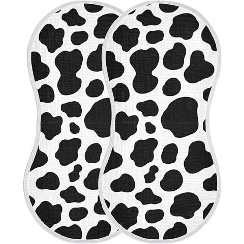 Muslin Burp Cloths for Baby Boys and Girls - 2-Pack Ultra Absorbent Cow Print Muslin Washcloths, Newborn Towel, Milk Spit Up Rags, Burp Cloth Bibs for Unisex, 22 x 11 Inch