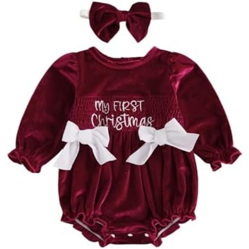 YINGISFITM Baby Girl Christmas Outfit Bow Velvet Bubble Romper Sweatshirt Newborn Onesie Infant Clothes