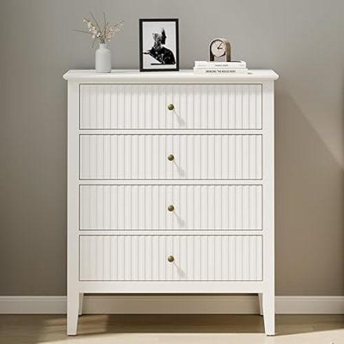 RoyalCraft White Fluted 4 Drawer Dresser for Bedroom, Modern Chest of Drawers, Wood Dresser for Storage Clothes, Wooden Storage Cabinet Nightstand for Bedroom, Hallway, Living Room, Entryway