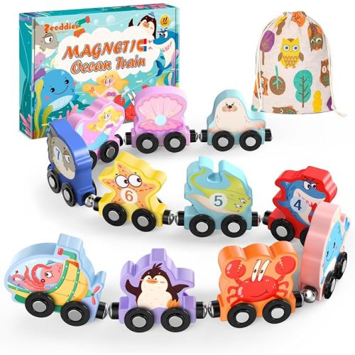 Zeoddler Toys for Toddlers, 11 Magnetic Wooden Sea Animals Train Set, Montessori Toys for Toddlers, Educational Toys for Kids, Birthday Gifts for Boys, Girls