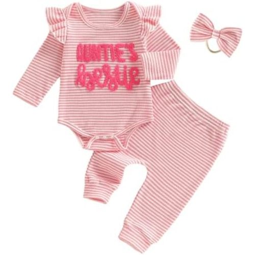 Aunties Bestie, ropa para bebé, niña, con letras bordadas, volantes, pañalero de leopardo, diadema de 3 piezas, traje de verano