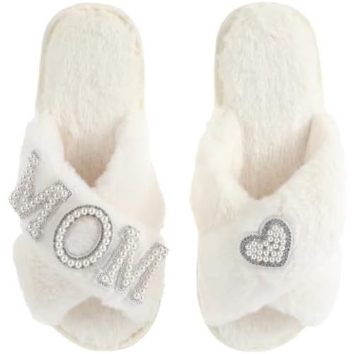 Gifts for Mom from Daughter Son Cozy Fuzzy House Slippers with Heart Pearls New Mom Mothers Day Gifts