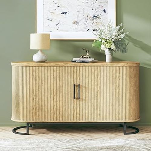 Sideboard Buffet Cabinet with Storage, 54.3" Fluted Tambour, Adjustable Shelves, Mid Century Modern Console for Living Room Kitchen