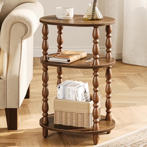 Yoobure 3-Tier Small Side Table - Oval End Table with Vintage Spindle Legs, Accent Night Stand with Storage Shelf for Narrow Spaces, Wood Nightstand Bedside Table for Living Room, Bedroom, Walnut