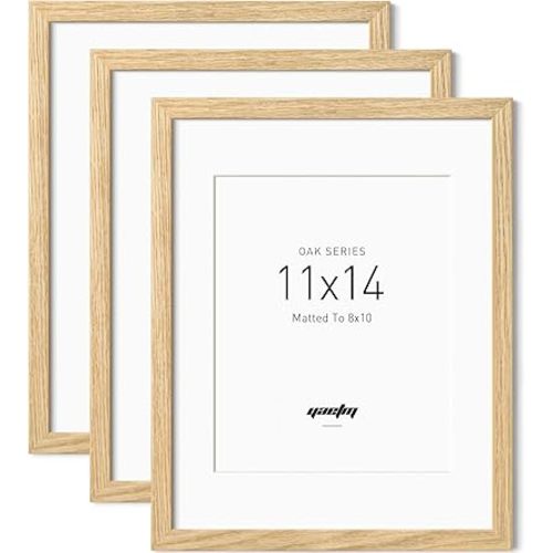 Yaetm 11x14 Oak Wood Picture Frame with Mat for 8x10 Set of 3, Natural Solid Wood 11x14 Frame with Tempered Glass for Wall Gallery & Home (3 Pack, Oak)