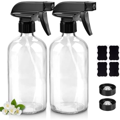 Worldgsb Glass Spray Bottles, 16oz Clear Glass Spray Bottles with Labels & Adjustable Nozzle, Reusable Containers for Cleaning Solutions, BBQ, Food, Plants, Alcohol, Essential Oils(2 Pack)