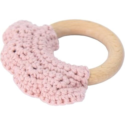 Montessori Wooden Ring Crochet Cloud Rattle, Natural Beechwood Teether with Soft Crochet & Built-in Plastic Bells (Rosewood Pink)