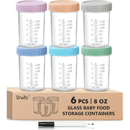 DRKIO 6 Pack Glass Baby Food Storage Containers - 8 Oz Baby Food Jars with Lids Baby Food Maker Microwave Dishwasher Freezer Safe 100% Leak Proof BPA Free Reusable