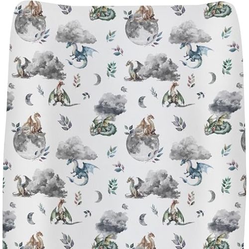 Watercolor Dragons Baby Changing Pad Covers for Boys Girls Fairytale Dragon Wings Leaves Fitted Changing Table Cover Mats Dragon Moon Clouds Soft Diaper Change Table Sheets 32''×16''