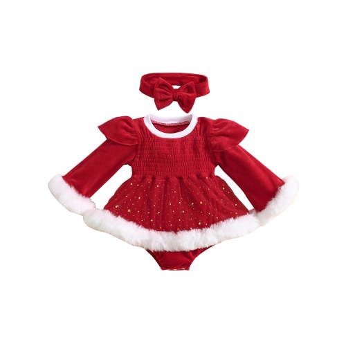 Toddler Baby Girls My 1st Christmas Outfits Velvet Fur Trim Christmas Romper Dress Santa Claus Bodysuit+Headband