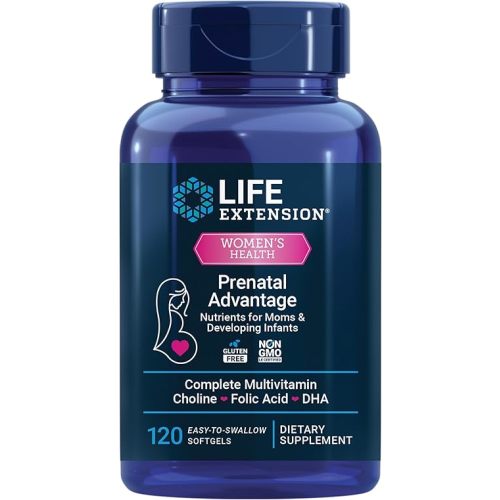 Life Extension Prenatal Advantage, Women’s multivitamin, Baby Support, folic Acid, Choline, omega-3s, Vitamin C, D3, B1, B6, B12, zinc, niacin, Gluten Free, Non-GMO, 120 softgels