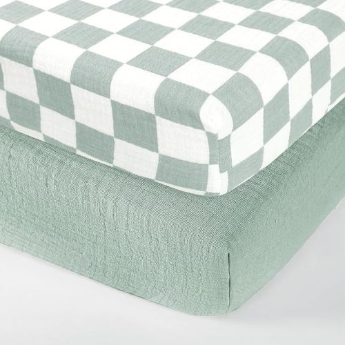 DILIMI Muslin Crib Sheets for Baby Boys and Girls, 2 Packs Ultra-Soft Breathable Baby Crib Sheet for Standard Crib and Toddler Mattress, Green and Checkered