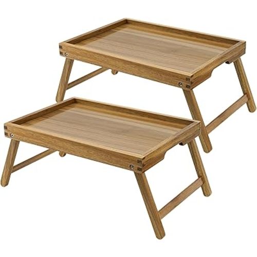 VaeFae Acacia Bed Table Tray, Wooden Breakfast Tray with Folding Legs, Bed Tray for Eating and Laptop, Eating Trays for Bedroom, (2 Pack)