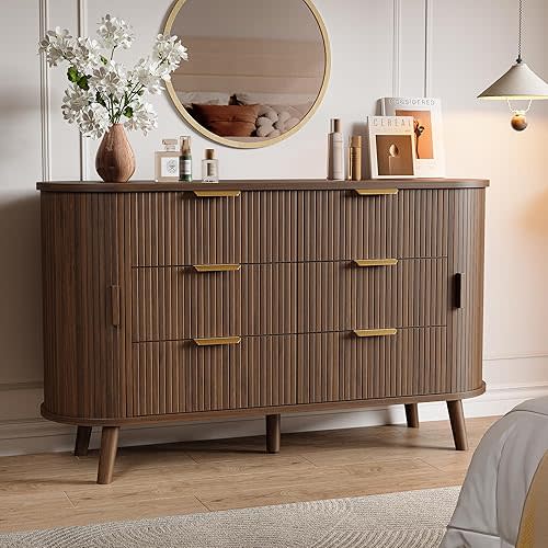 Decofy Fluted 6 Drawer Dresser, 55" Mid Century Modern Chest of Drawers
