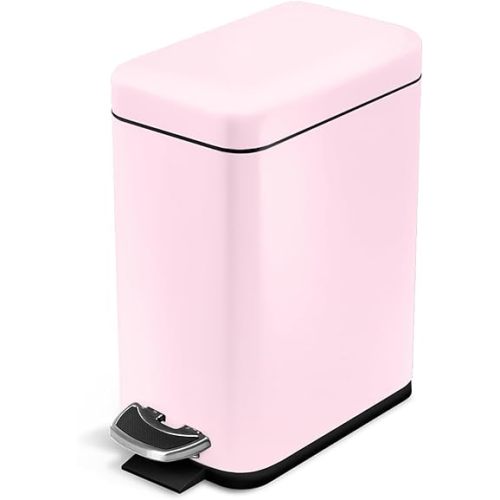 Home Zone Living 1.3 Gallon Small Bathroom Trash Can with Lid and Step Pedal, Stainless Steel Wastebasket with Slim Design for Home and Office, Matte Pink, 5 Liters