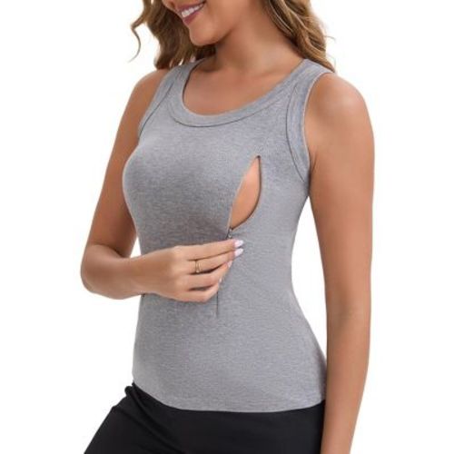 INSPIRE CHIC Women's Zippers Nursing Tank Wide Straps U-Neck Long Postpartum Tank Undershirts