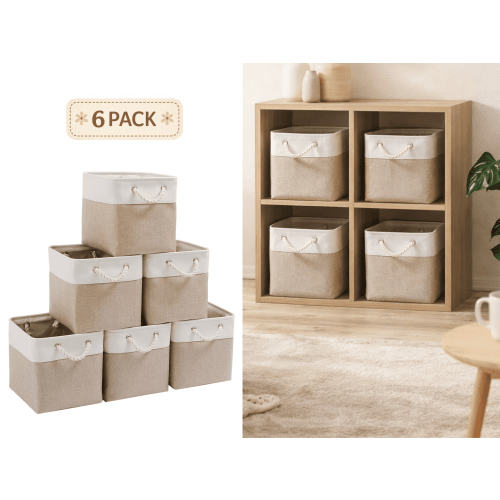 11 x 11 x 11 Inch Cube Storage Bins, 6 Pack Large Collapsible Fabric Storage Cubes with Rope Handles, Foldable Organizer Bins for Clothes, Toys & Closet Storage, White & Beige