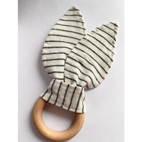 Handmade natural wood cotton linen striped baby teether bunny ears teether nontoxic