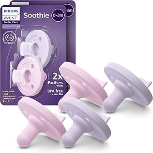 Philips Avent Soothie Orthodontic Baby Pacifiers, 100% Silicone Pacifiers, One Piece, BPA-Free, for Babies 0-3 Months, 2 Lilac and 2 Pink, 4 Pack, Model SCF190/70