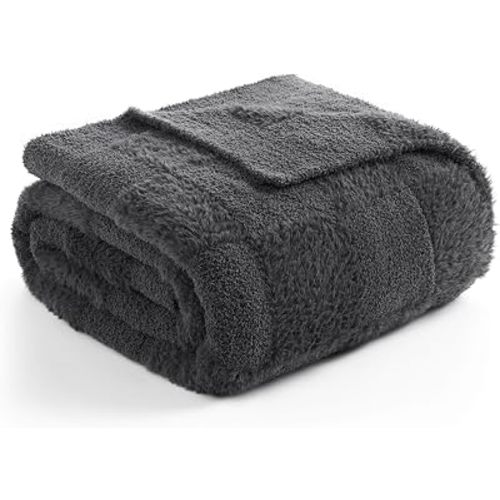 Snuggle Sac Faux Fur Throw Blanket for Couch, Knitted with Microfiber Fancy Yarn Blanket, Cozy Soft Warm Blankets for Sofa Bedroom Living Room,Solid Dark Grey,50x60 inches