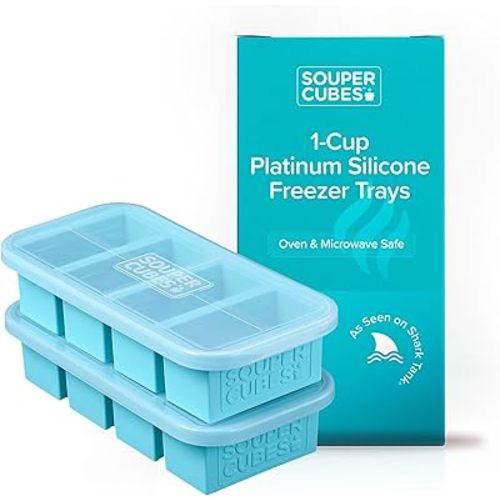 Souper Cubes 1 Cup Silicone Soup Freezer Molds with Lids - Soup Cubes with Steel Reinforced Rim - Perfect for Freezing Broth, Rice, Individual Portions, Meal Prepping and More - Aqua - 2-Pack