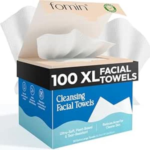 FOMIN Disposable Face Towels - 100 Count (2 Pack) 100% Biodegradable Ultra-Soft Towelette For Washing Face & Makeup Removal, 1ST Certified Vegan & Cruelty Free Facial Washcloth for All Skin Type