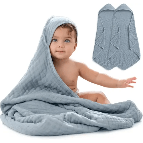 Comfy Cubs Hooded Baby Towel 2-Pack, Large 32 x 32 Inch - 6 Layer 100% Muslin Cotton for Babies, Toddlers and Kids - Soft & Absorbent Baby Bath Towels - Unisex Design for Bath Time - Pacific Blue
