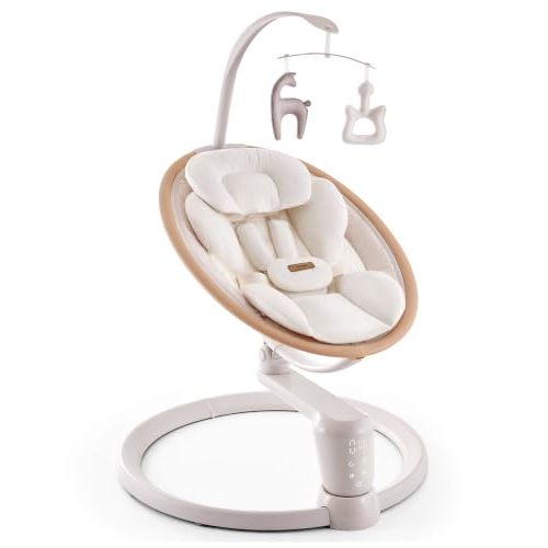 Harppa Weddell Signature Baby Swing for Infants and Newborns, Wood Beige | Elevated Eye-Level Seat, 180° Rotation with Dual Motion, 5-Point Harness, 5 Speeds & Remote Control, Beige