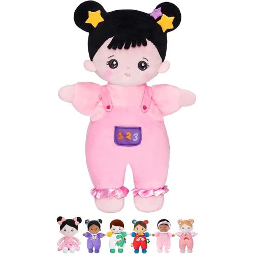 OUOZZZ Soft Baby Doll 10" - Asian Doll First Birthday Toys for 1 Year Old Girl, Ideal 1 Year Old Girl Gifts & Baby Girl Gifts, Snuggle Buddy for Infants Pink Straps Black Hair