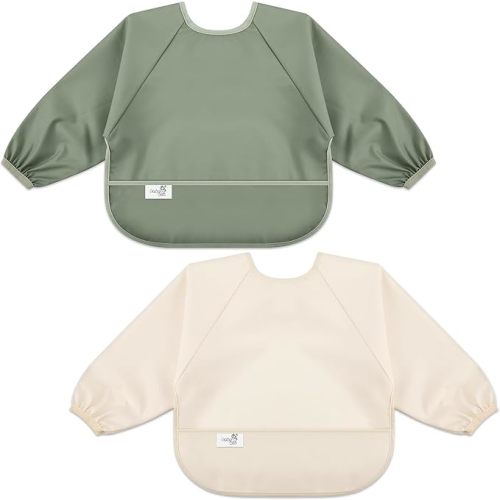 Long Sleeve Baby Bib, Waterproof Fabric, Catch-All Pocket, Baby Smock Bib, Adjustable Sleeves