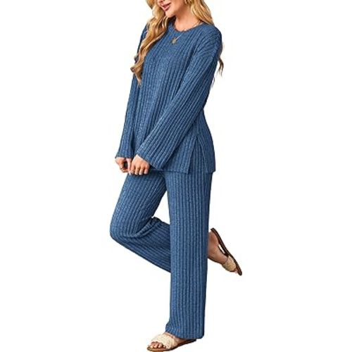 Kikibell Womens Sets 2 Piece Outfits Matching Lounge Set Cozy Knit Pajamas Oversized Loungewear Fall Winter Clothes S-2XL