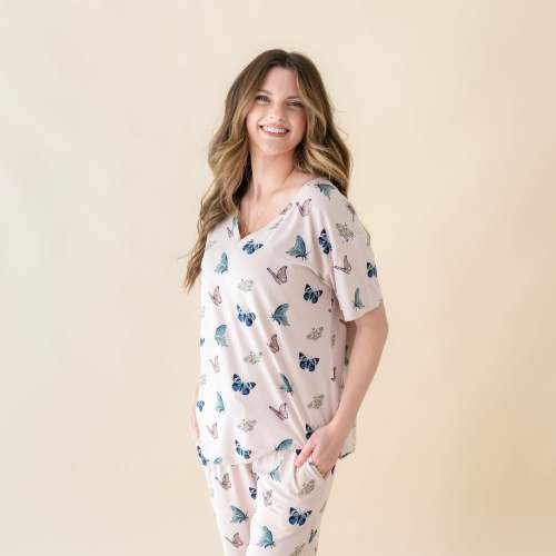 Women's Relaxed Fit V-Neck in Blush Butterfly