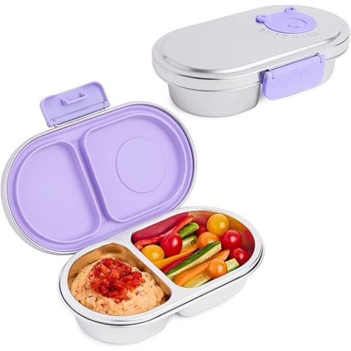 Good Bare Stainless Steel Snack Container for Kids – 2 Compartment Metal Bento Box, Leakproof, Non-Toxic, Easy-Open Latch, Dishwasher Safe, Small Snack Pack, Perfect for On-the-Go (Lavender Mist)