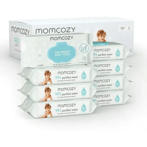 Momcozy Water Baby Wipes-Extra Large Size Design, 99% Water Based Wipes, Unscented & Hypoallergenic, Cleansing & Moisturizing Baby Wipes for Sensitive Skin, 8 Flip-Top Packs (480 Wipes Total)