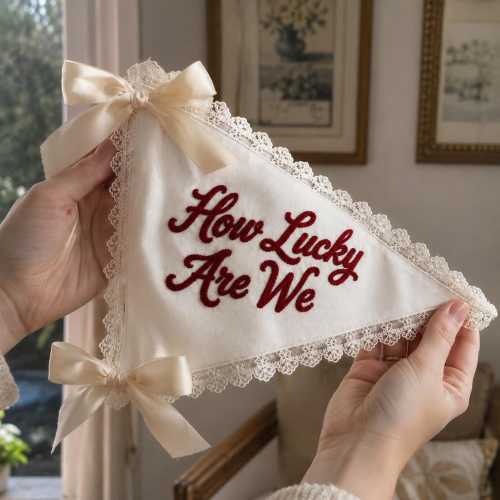 How Lucky Are We Embroidered Lace Pennant, Coquette Wedding and Home Decor