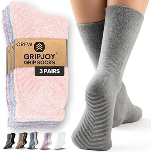 Gripjoy Grip Socks for Women, Grippy, Non Slip, Gripper Socks for Women & Men, Pilates, Yoga, Hospital, 3 Pairs, Crew