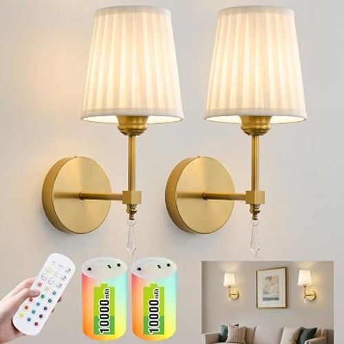 Battery Operated Wall Sconce Set of 2, 10000 Mah Rechargeable Wall Sconces Dimmable 12 RGBS,Remote Wireless Sconces,Gold Sconces Wall Decor Set of 2 Fabric,Cordless Wall Lamp for Bedroom,Living Room