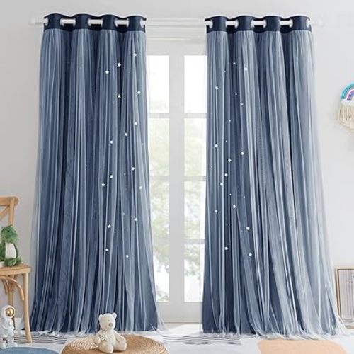 PONY DANCE Star Curtains for Girls Bedroom - Double Layer Sheer Overlay with Bowknot Lace for Kids Room Decor Princess Star Hollow Out, 52" W x 84" L, Navy, 2 Pieces