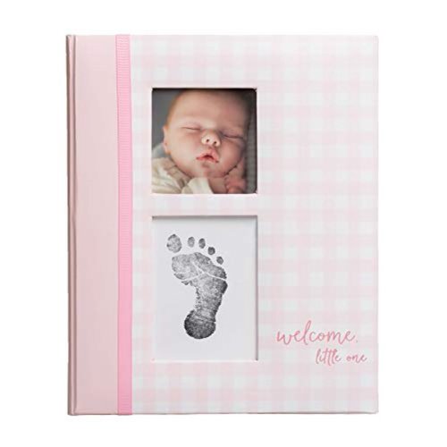 Pearhead Gingham Baby Memory Book and Clean Touch Ink Pad, Baby Girl Gift, Baby Milestones Photo Album, Pink