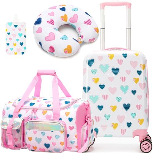 Kid's Luggage Set 3 Piece Suitcase Set 16" Hardside Luggage with Spinner Wheels Girls Carry on Toddler Travel Rolling Suitcase with Duffle Bag Neck Pillow Airline Approved