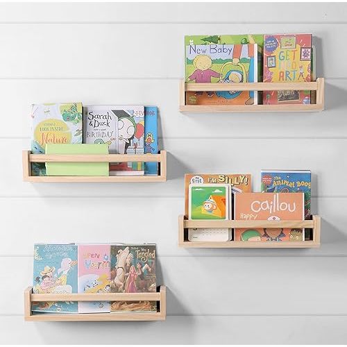 Nursery Room Shelves Set of 4, Wood Floating Book Shelves for Kids Room, Baby Book Shelf for Nursery, Kitchen Spice Rack (Natural Wood)