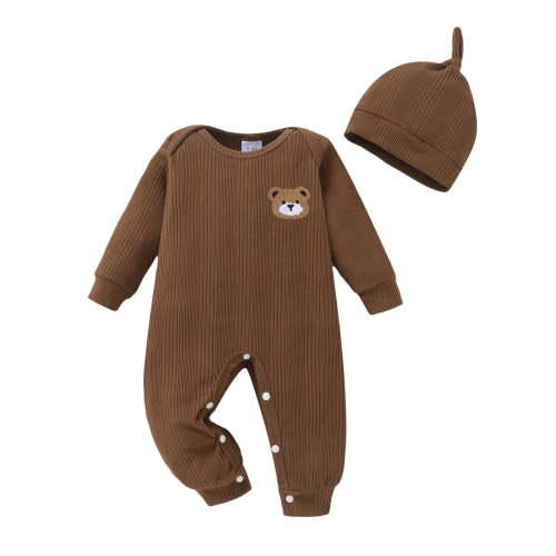 KIMI BEAR Preemie Baby Boy Romper Winter Clothes Shower Gift Long Sleeves Jumpsuit Bear One-piece Overalls with Hat 2pcs Clothing Brown