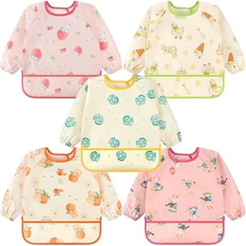 Accmor 5 Pack Long Sleeve Bibs, Baby Smock Waterproof Sleeved Bib Smock for Baby Toddler 6-36 Months