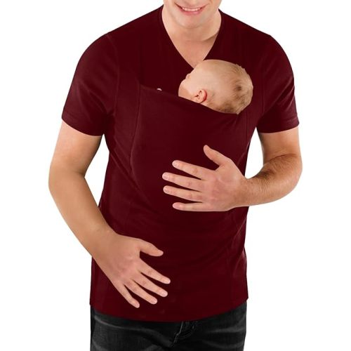 Mens Baby Carrier Shirt V Neck Short Sleeve T-Shirts for Men Skin to Skin T-Shirt with Pocket