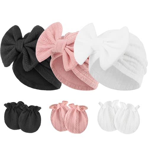 Newborn Baby Hats and Mittens Set Infant Bow Beanie Cap Toddler Gloves Newborn Hospital Hats for Baby Boy Girl Kid 0-6 Months
