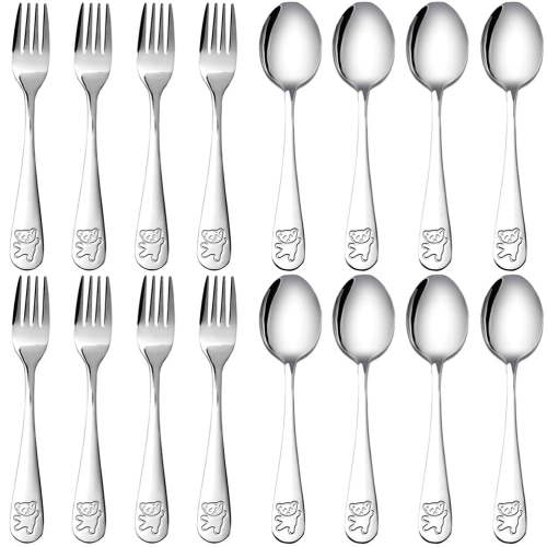 16 Pieces Toddler Utensils Kids Silverware Set, Stainless Steel Childrens Forks and Spoons, Metal Kids Safe Flatware Set, Dishwasher Safe