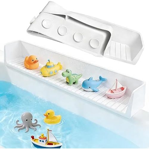 Bathtub Tray Splash Guard: Silicone Bathtub Splash Guard with Suction Cups, Bathtub Side Tray & Bath Toys Holder for Water Spill Prevention & Bathroom Storage, Grey