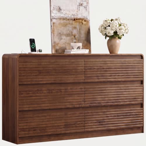 Gyfimoie 55" W Walnut Fluted 6-Drawer Dresser for Bedroom w/Power Outlet | Modern Double Dresser, Spacious Chest of Drawers, and TV Stand Function for Living Room