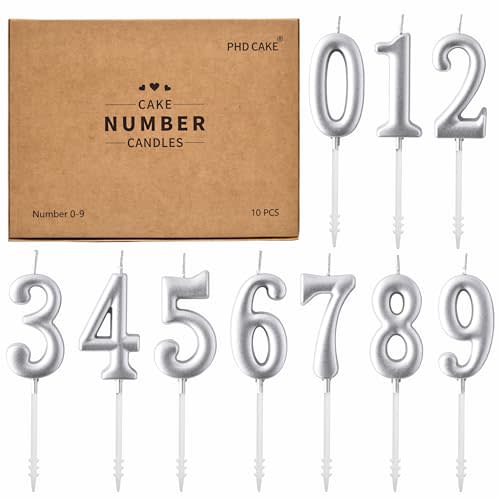 PHD CAKE 10-Pieces Silver Numeral Birthday Candles, Cake Numeral Candles Number 0-9 Glitter Cake Topper Decoration for Birthday,Wedding Anniversary,Party Celebration