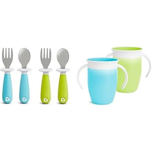 Munchkin® Raise™ Toddler Plastic Fork and Spoon Utensil Set, 4 Pack, Blue/Green & Miracle® 360 Trainer Sippy Cup with Handles, Spill Proof, 7 Ounce, 2 Pack, Green/Blue